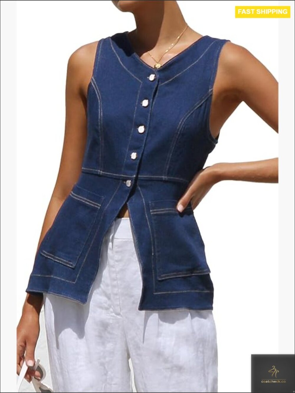 Button Up Denim Vest Sleeveless Blazer Long Jean Vest Tank Top with Pockets